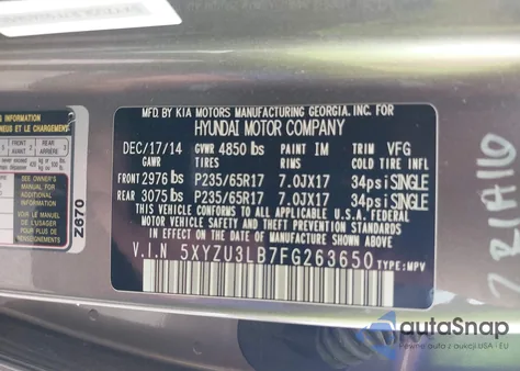 2015 Hyundai Santa Fe Sport 2.4L из США, поврежденный, VIN 5XYZU3LB7FG263650